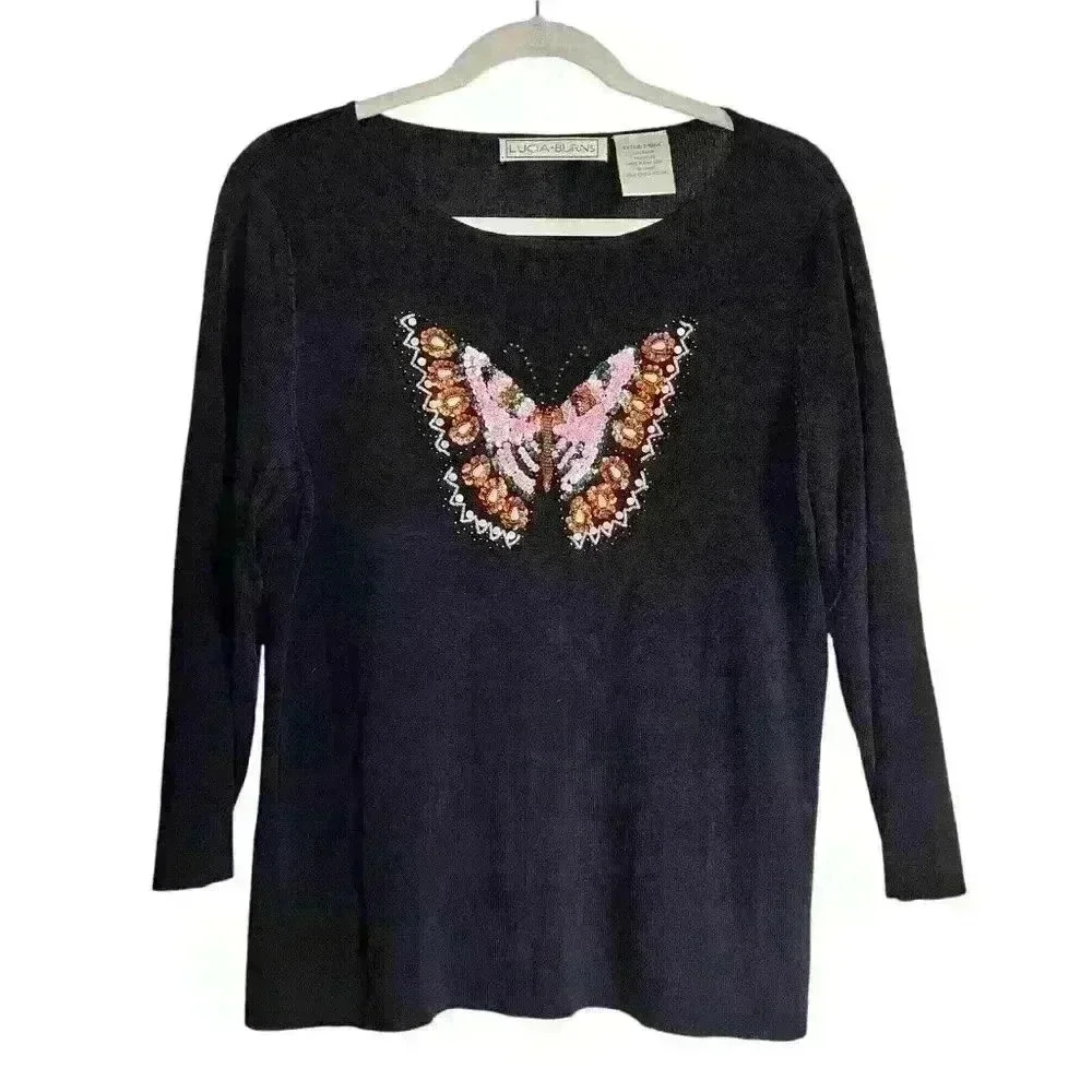 Lucia Burns Sz XL Long Sleeve Butterfly‎ Shirt Beaded